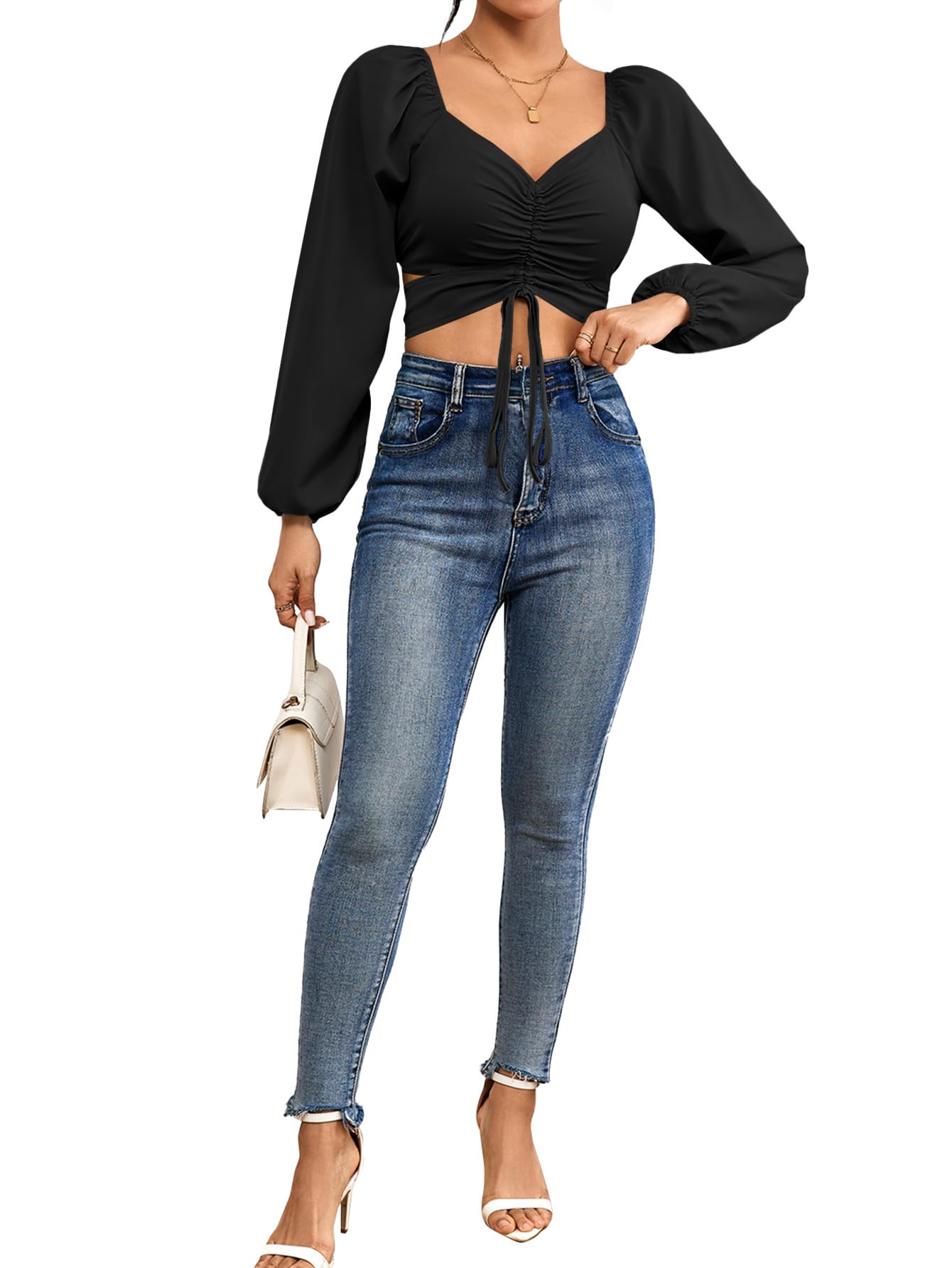 Rooscier Women's Drawstring V Neck Ruched Lantern Long Sleeve Tie Back Crop Top Blouse