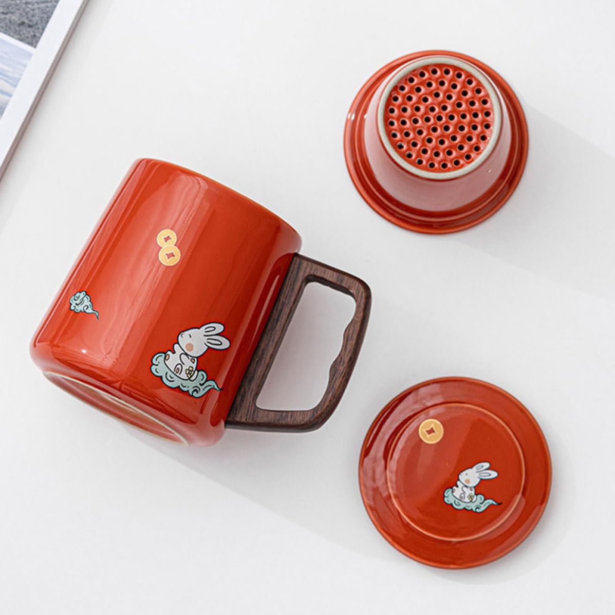 Outanaya Taza con Infusor de Té de Cerámica Roja 400ml con Tapa y Filtro Adecuado para Infusiones de Flores y Té Suelto en Casa u Oficina