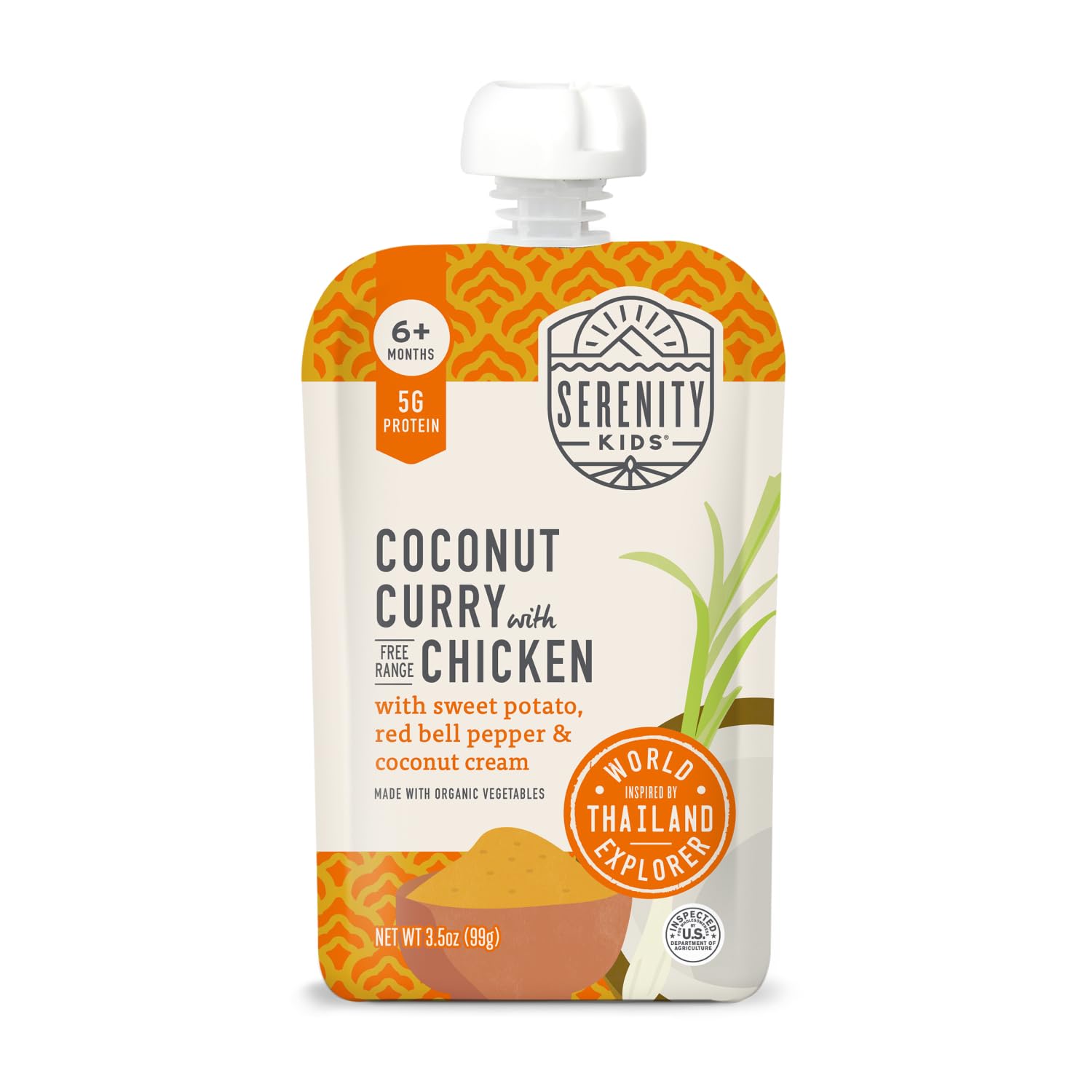 Serenity Kids 6+ Months World Explorers Baby Food Pouches Puree Made w/Ethically Sourced Meat & Organic Veggies - 3.5 Ounce BPA-Free Pouch - Chicken Coconut Curry - 6 Count - Chicken Baby Food Pouch
