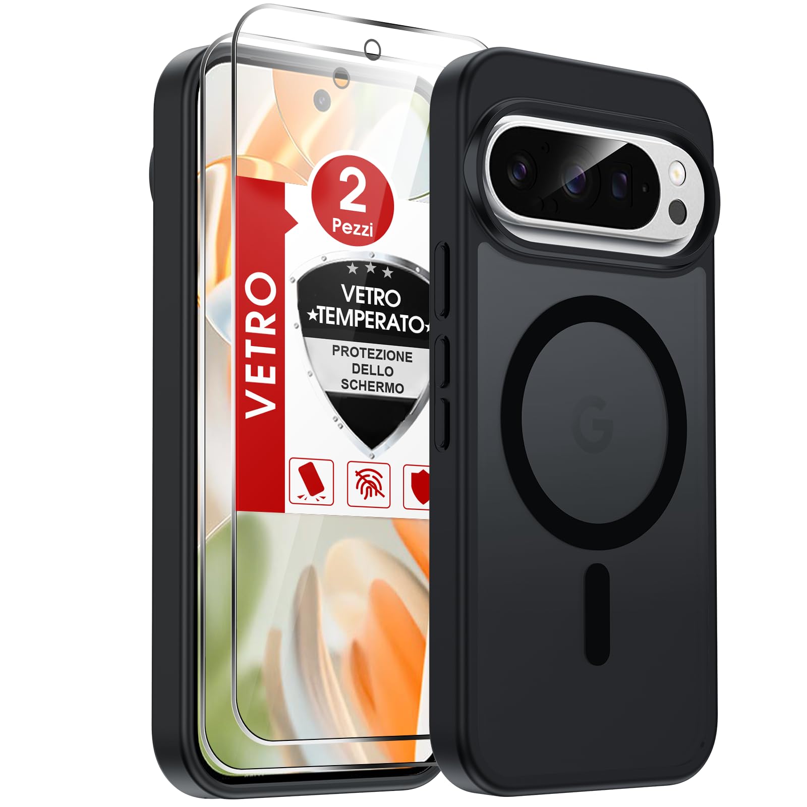 LeYi Cover Magnetica per Google Pixel 9/9 Pro con 2 Vetro Temperato(Nero) | Custodia per Pixel 9/ 9Pro Traslucida Opaca Anti-Impronte Resistente ai Graffi Paraurti in TPU Antiurto Protettiva Case