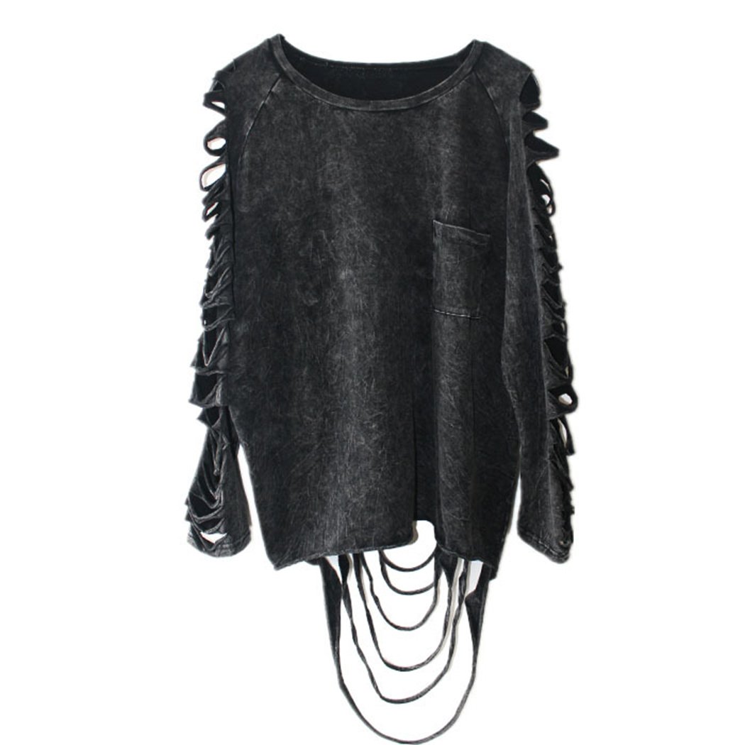 Anna-KaciRipped Cut Out Holes Long Sleeve Faded Distressed Top Pullover Shirt