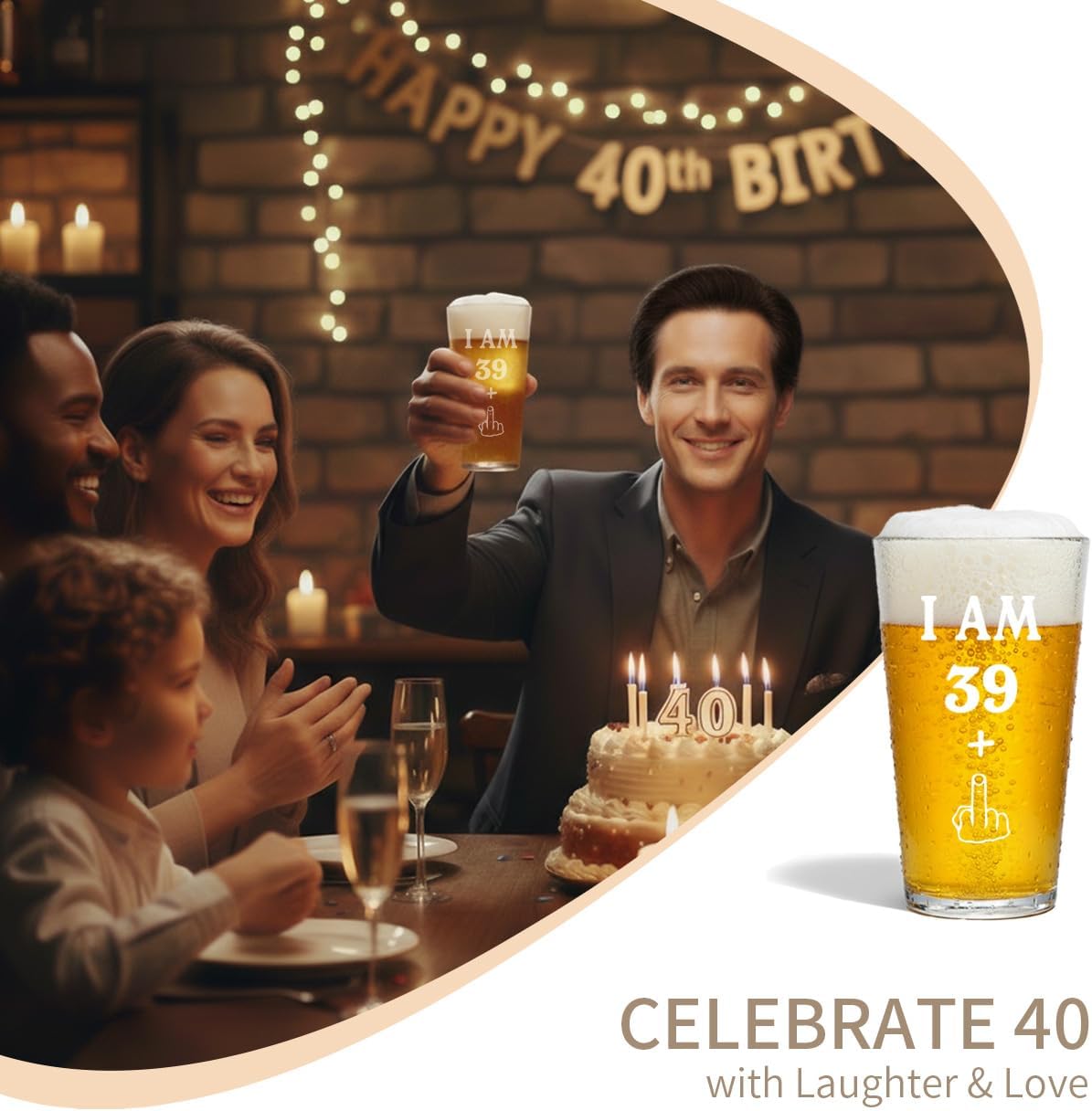 40th Birthday Gifts Men Women – Funny Beer Glass 16oz, Dishwasher Safe
