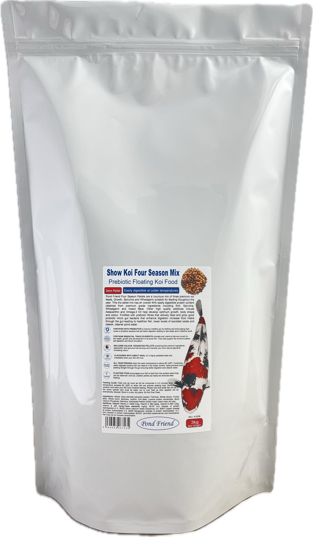 Pond Friend Show Koi Four Season Mix Floating Pond Pellets 3kg 3mm Fish Food Fortified With Prebiotics That Feed Probiotic Bacteria Aiding Digestion & Immune System Health