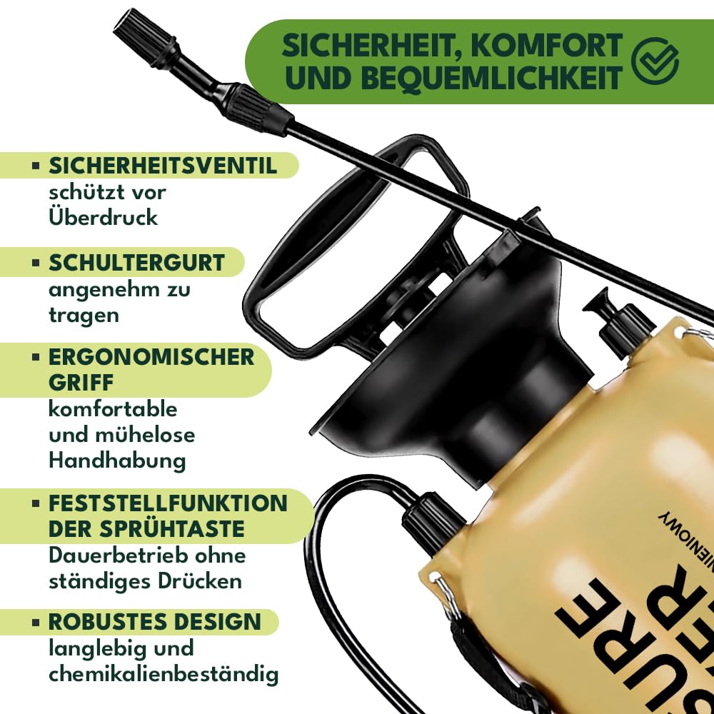 KRUMAD Drucksprüher 5L, Gartenspritze mit Lanze 203,5 cm, Maximaler Druck 3,2 bar, Hand Drucksprühgerät für Garten, Unkraut, Pflanzenschutz & Reinigung, Verstellbarer Sprühkopf, Tragegurt