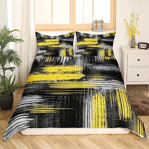 Yellow Black and Grey Duvet Cover Abstract Yellow and Black Comforter Cover Geometric Artistic Smear Bedding Set for Kids Boys Girls Abstract Graffiti Art Bedspread Cover Bedclothes Single - Image 2