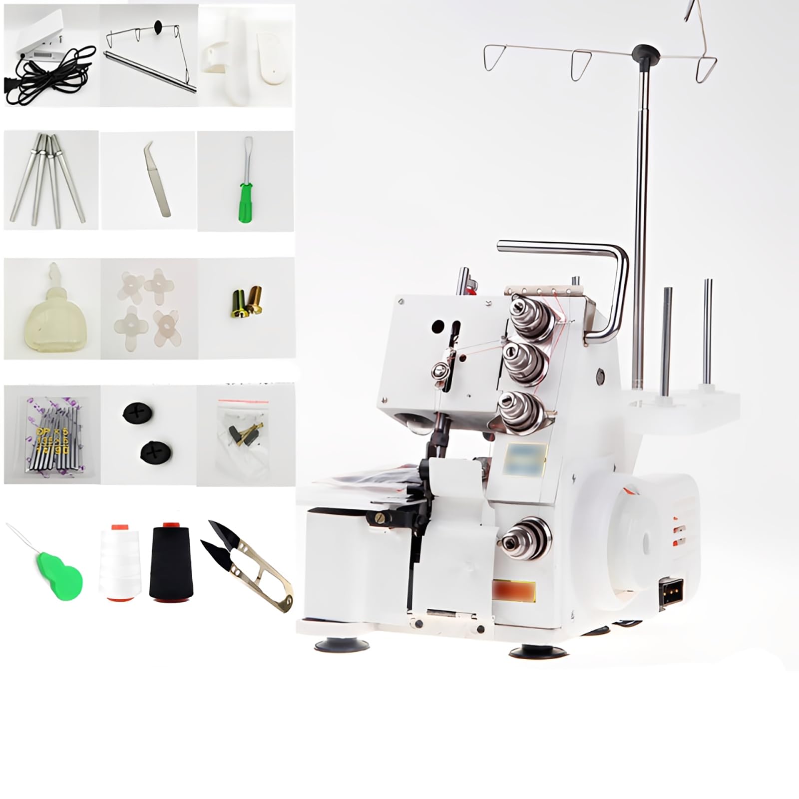 Máquina de coser Serger Overlock multifuncional con pedal/luz LED, máquina de coser de 4 hilos, 1200 puntadas por minuto, para varios tejidos white