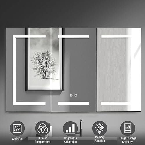 Miniatura 6 de Karl home Botiquín de baño de 3 puertas de 48 x 28 pulgadas con espejo LED armario de baño regulable montado en la pared de 3 colores con estantes
