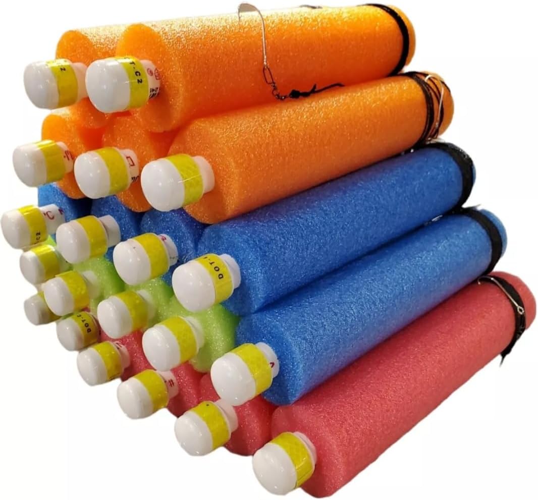 Rhodes Fishing Jugs 20 Pack - 7ft Nylon line - Catfish Noodle Jugs - Hooks for Catfish, Bass, Lake Fish - Made in The USA - Ready to Go - Kayaking - Multicolor, Blue, Red