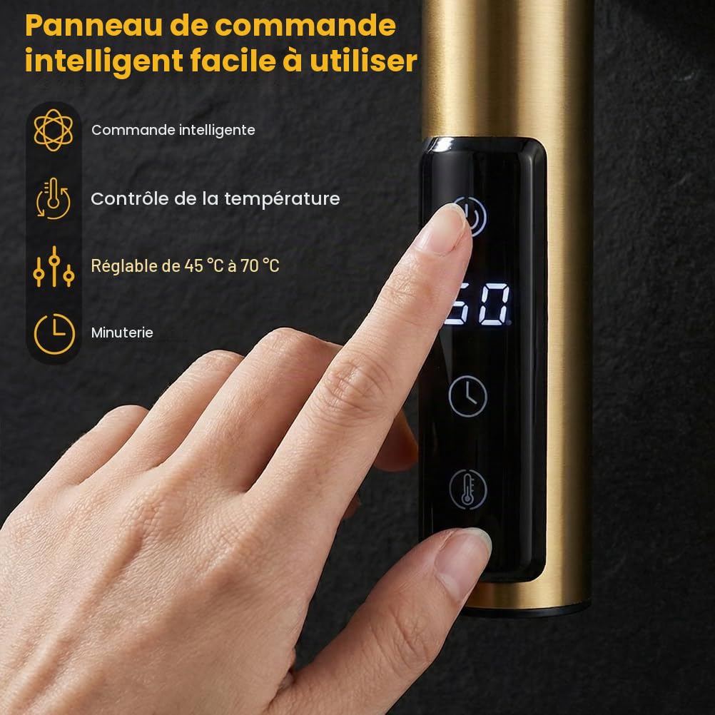 Sèche-Serviettes Électrique, Radiateur Porte-Serviettes Chauffant,65 W, Doré, Mural, Double Face Rotative, en Acier Inoxydable 304 avec Minuterie Intégrée, Plug in