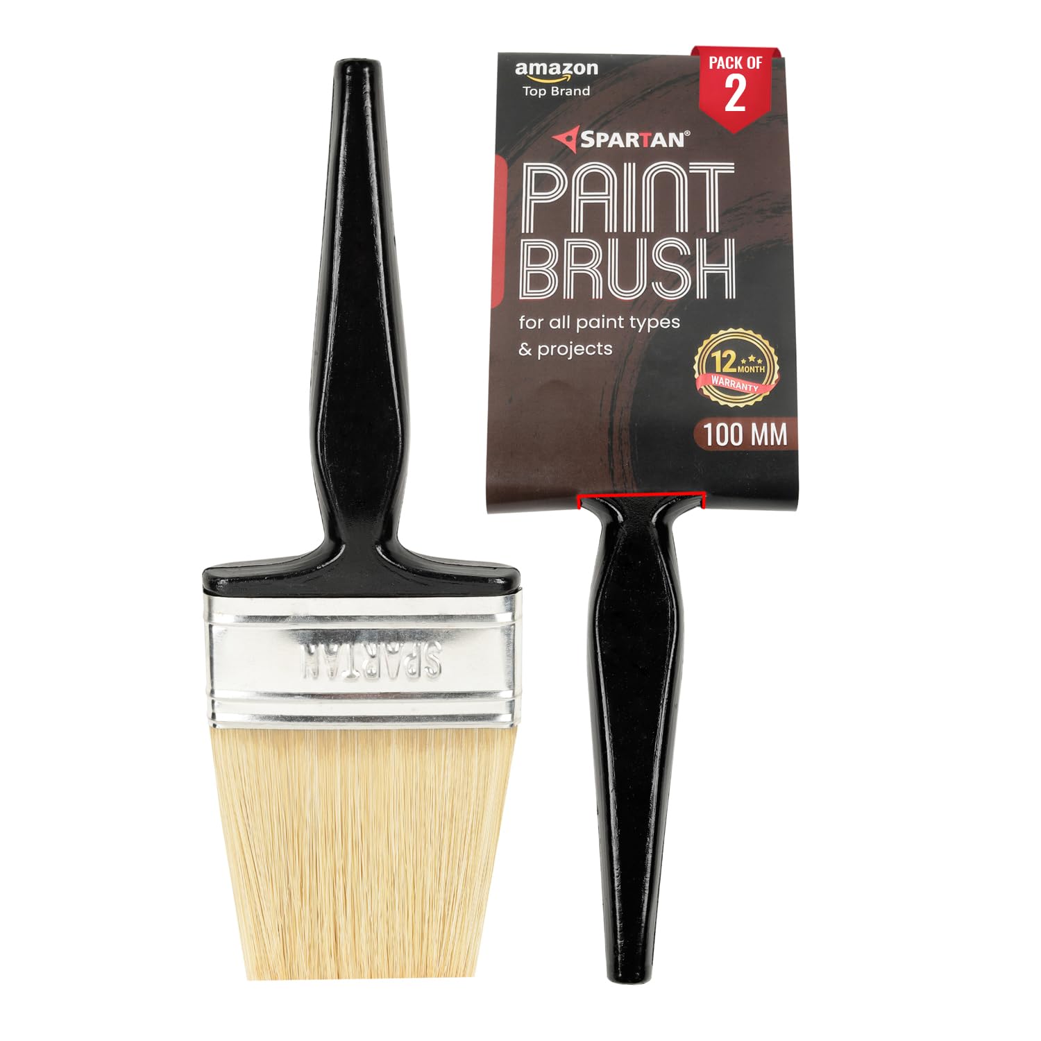 Spartan Wall Paint Brush, Nylon/Polyster Blend Double Thickness, Triple Boiled Bristles Paint Brush, Woden Handle, 100MM Long Bristle (Set of 2, Black)