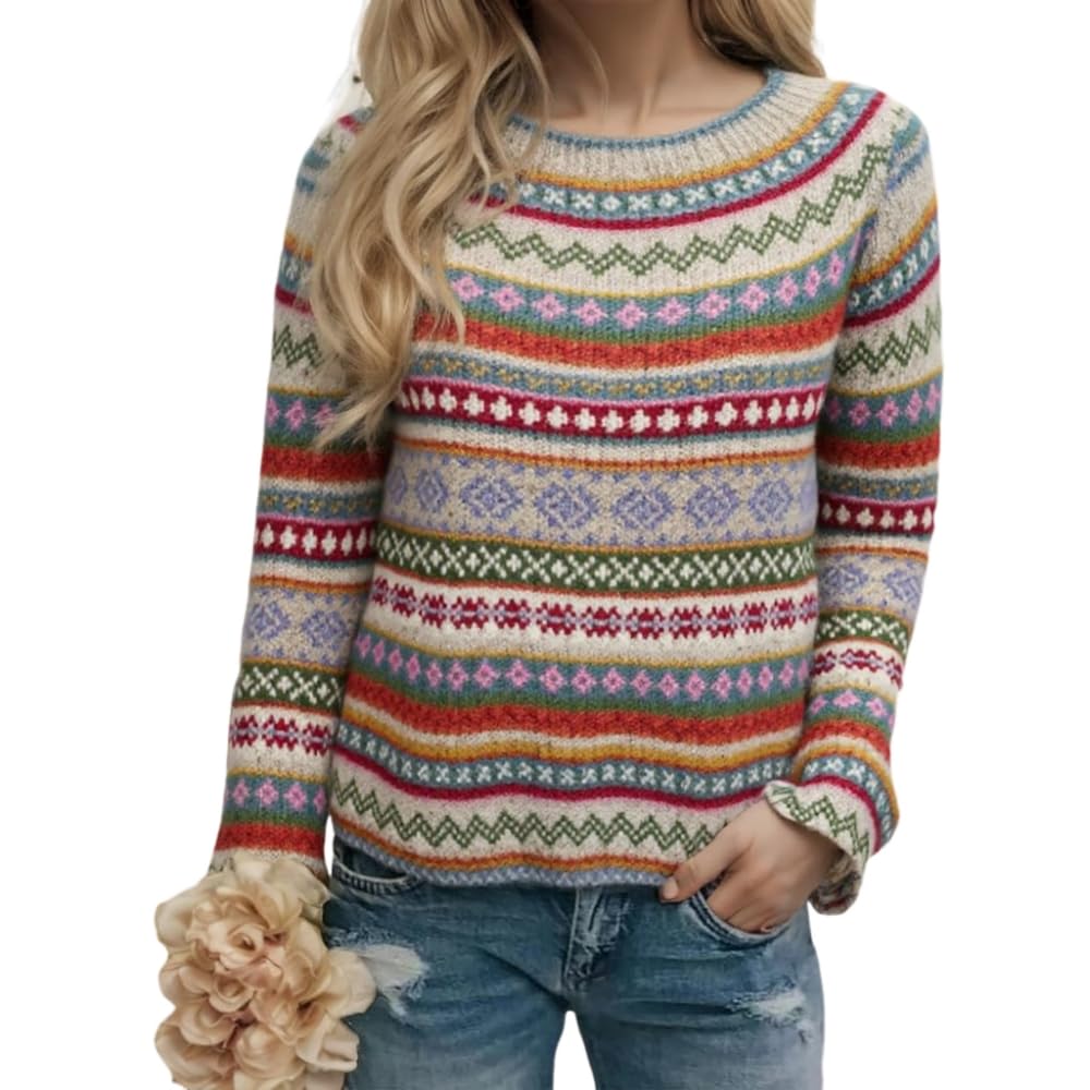 TIAFORD Womens Boho Colorful Fair Isle Knit Sweaters Crew Neck Long Sleeve Slim Fitting Pullover Fall Winter Fashion