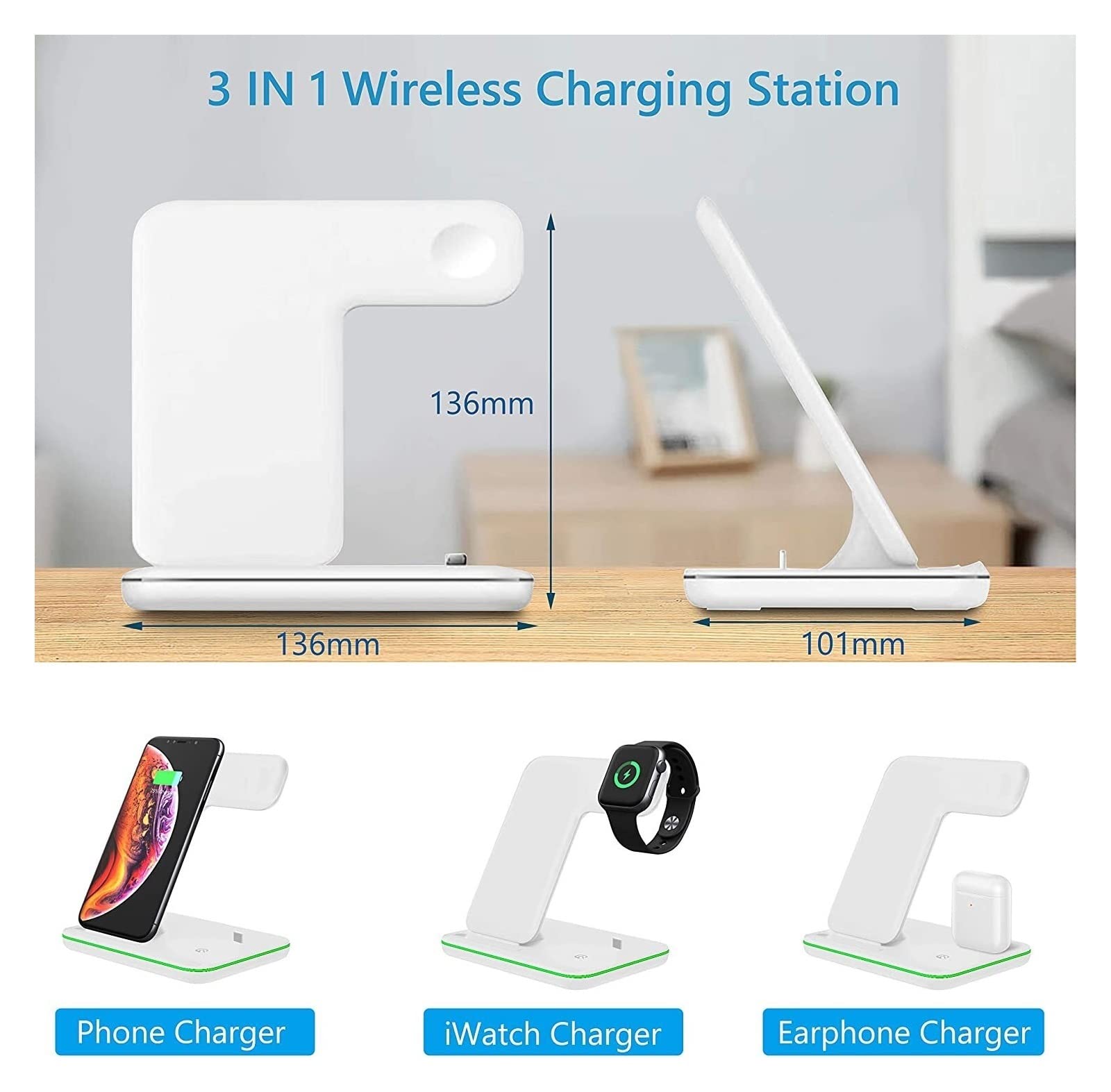 Soporte de Cargador inalámbrico 3 en 1 Qi 15W Estación de Carga rápida Estación de Carga de teléfono for teléfono y Reloj Portátil(B)