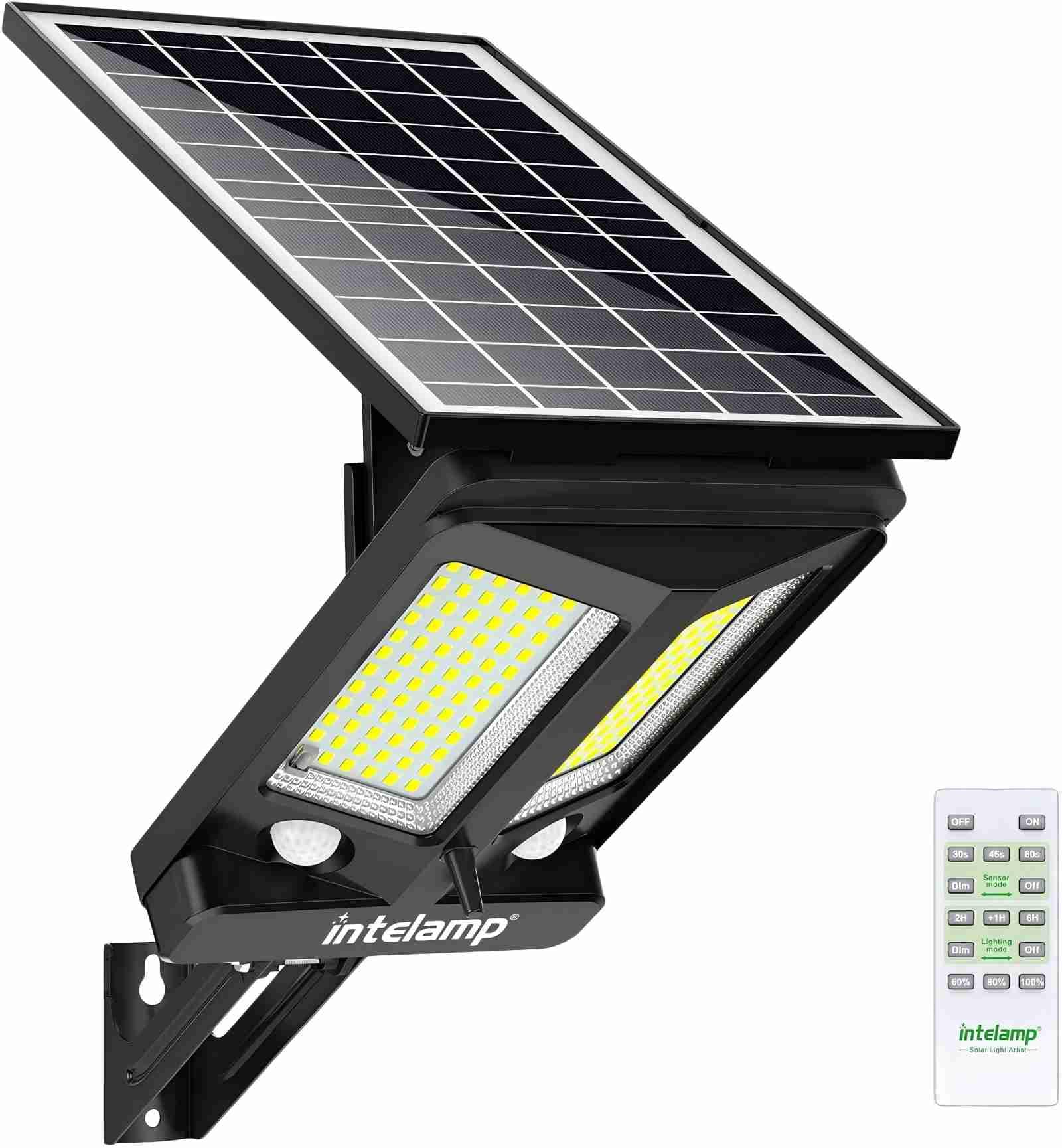 INTELAMP Lampade solari per esterni con sensore di movimento e telecomando, 12500mAh 3000LM, lampade solari per esterni per illuminazione di terrazza, garage, strade, IP65 impermeabile
