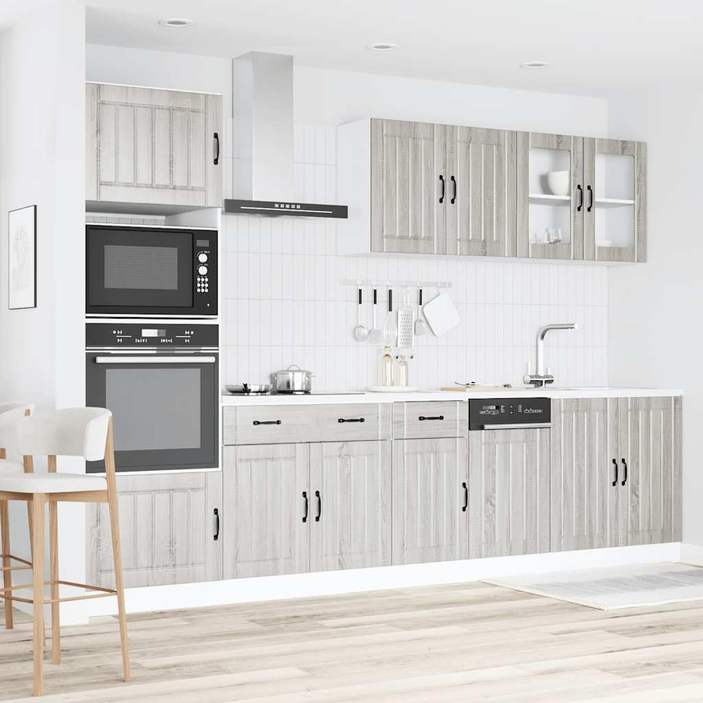 Set di 7 mobili da cucina Kalmar grigio Sonoma in legno versatile con ampio spazio per cucina, sala da pranzo e aree multiuso