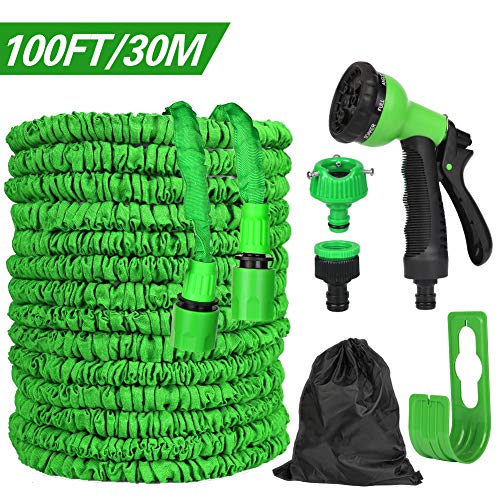 Preisvergleich Produktbild FEALING Flexibler Gartenschlauch, 100FT Wasserschlauch Flexischlauch Schlauch Dehnbar Erweiterungs Flexi Gartenschläuche Brause Düse mit 7 Funktionen Druckfest für Autowäsche, Gartenbewässerung