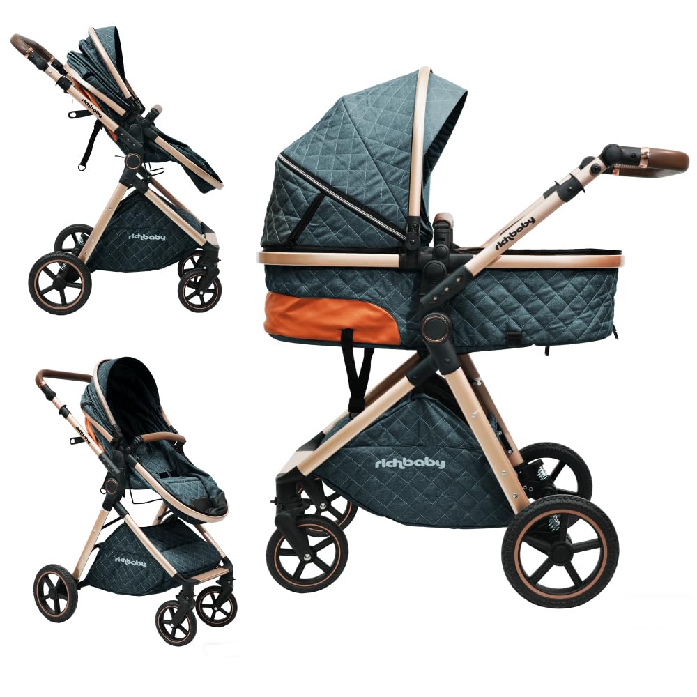 Passeggino combinato 2 in 1 con culla rimovibile, sospensioni All-Terrain, pieghevole con una sola mano, manubrio regolabile in altezza, ampio vano portaoggetti, sedile reversibile, per neonati fino a