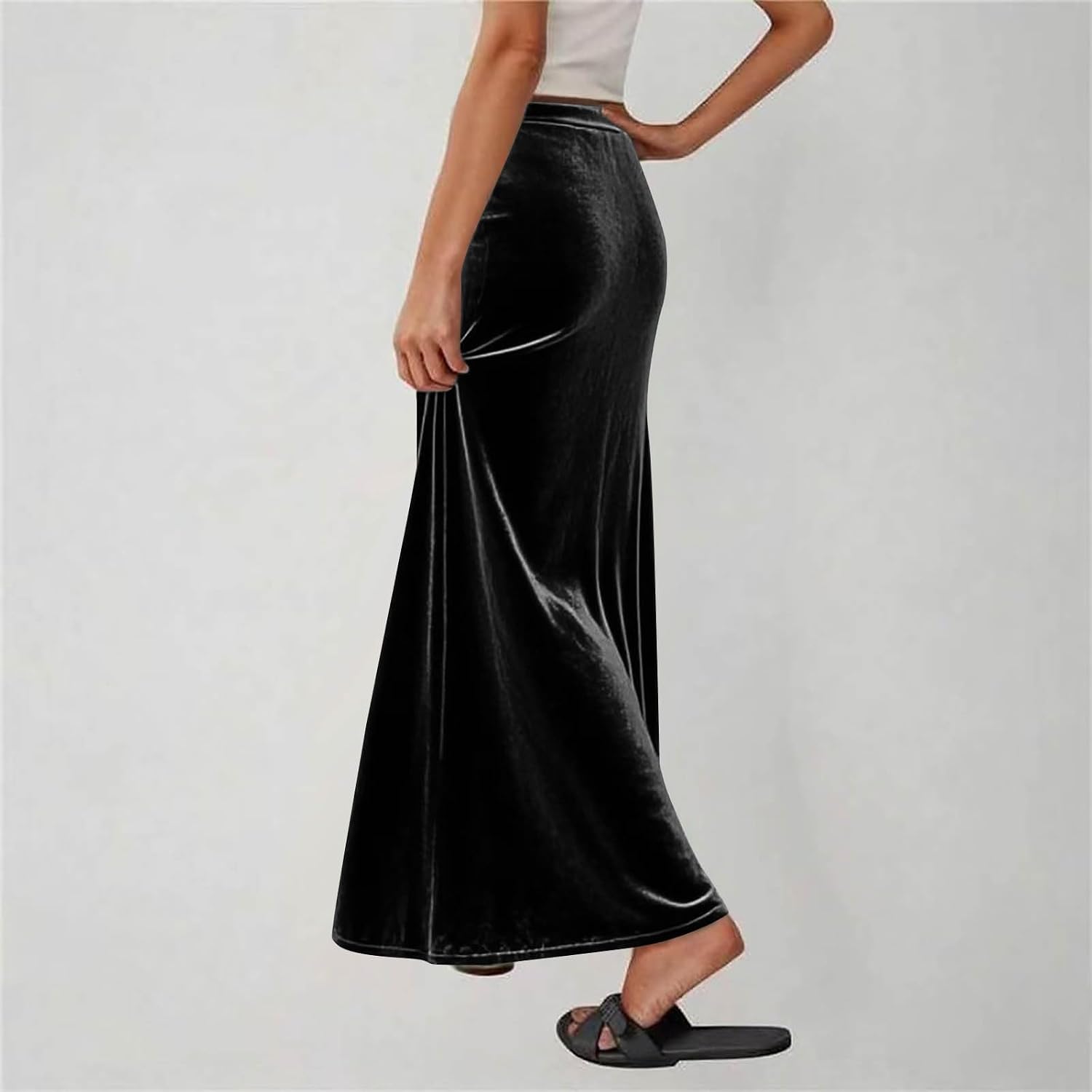 Women's Velvet Maxi Skirt Drawstring Elastic High Waist Skirts Fall Winter A-Line Party Long Skirts Dressy Outfits