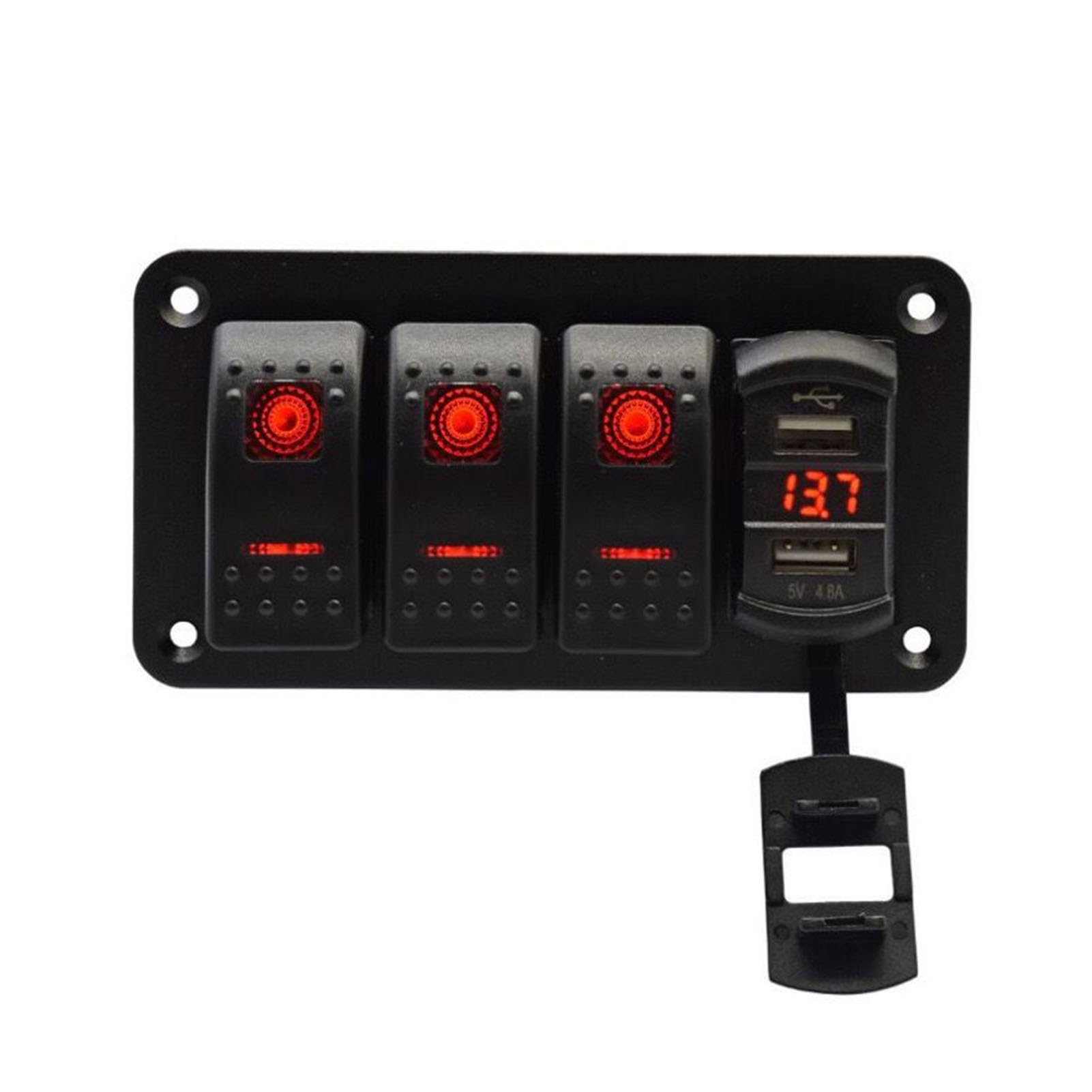 Akozon 3 Gang Rocker Switch Aluminiowy Panel, Morska Ciężarówka łodzi Podwójna ładowarka USB Voltmeter 12V 24 V z Nocnymi Naklejkami, Przykrywki Wodne Niebieska (Czerwone światło)