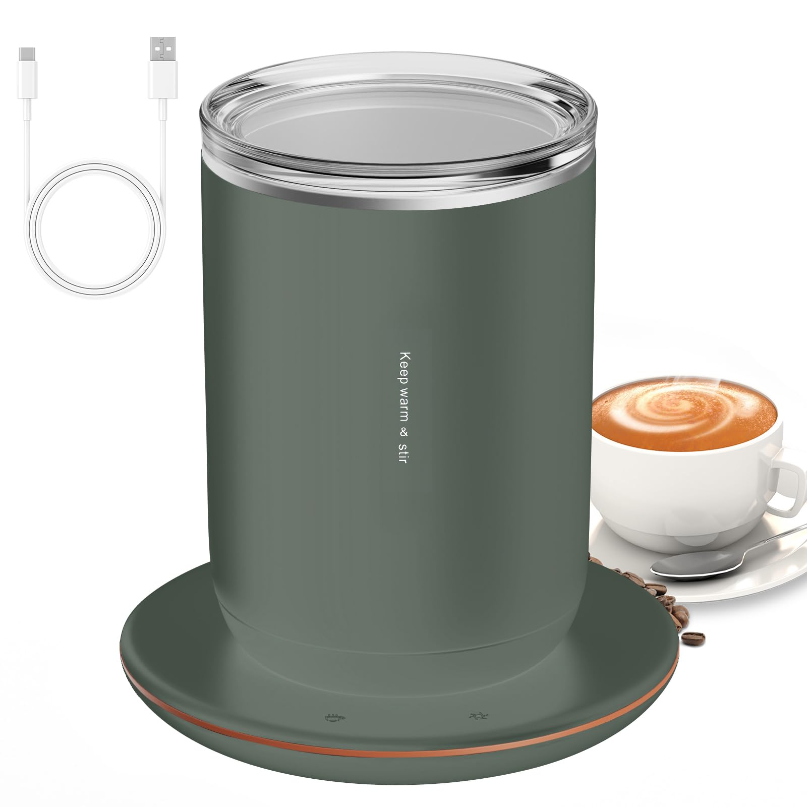 Kavolet Taza de café con Agitación Automática, Calentador Magnético, Taza de Temperatura Constante 55 ℃ para Oficina en Casa, 300ml, Acero Inoxidable, Negro (Verde)