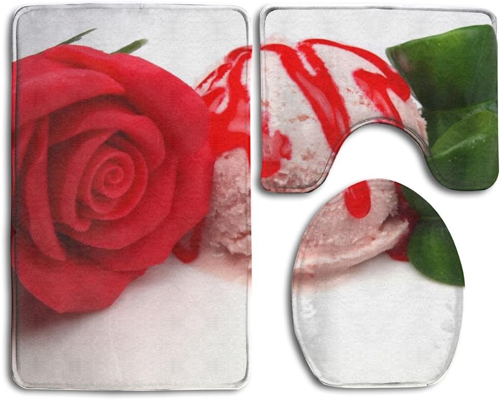 HanSmallT Strawberry Ice Cream Scoop With Marzipan Rose White Non Slip 3 Piece Bath Rug Pedestal Rug + Lid Toilet Cover + Bath Mat Customized Artwork Print