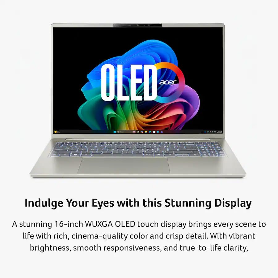 Image of Acer Swift 16 AI Laptop 16 inch WUXGA OLED Touch (100% DCI-P3) Intel 6-core Ultra 5 322 (Up to 46 Tops) 16GB DDR5 512GB SSD Backlit Thunderbolt for Creator Designer Business Professional Win11 ICP Hub