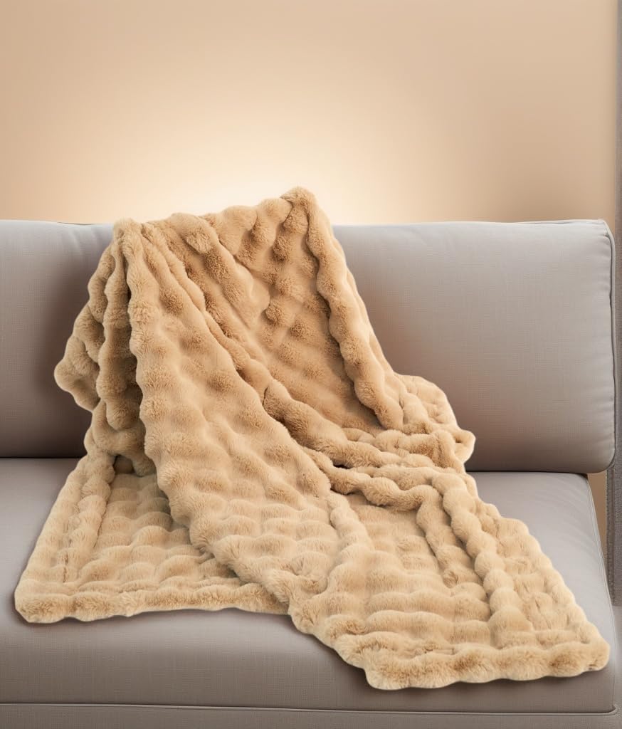 Artificial Fur Wool Bubble Blanket, Soft and Comfortable, high Plush Blanket, Suitable for Sofa, Bed, Outdoor Leisure (Cream, Twin (60
