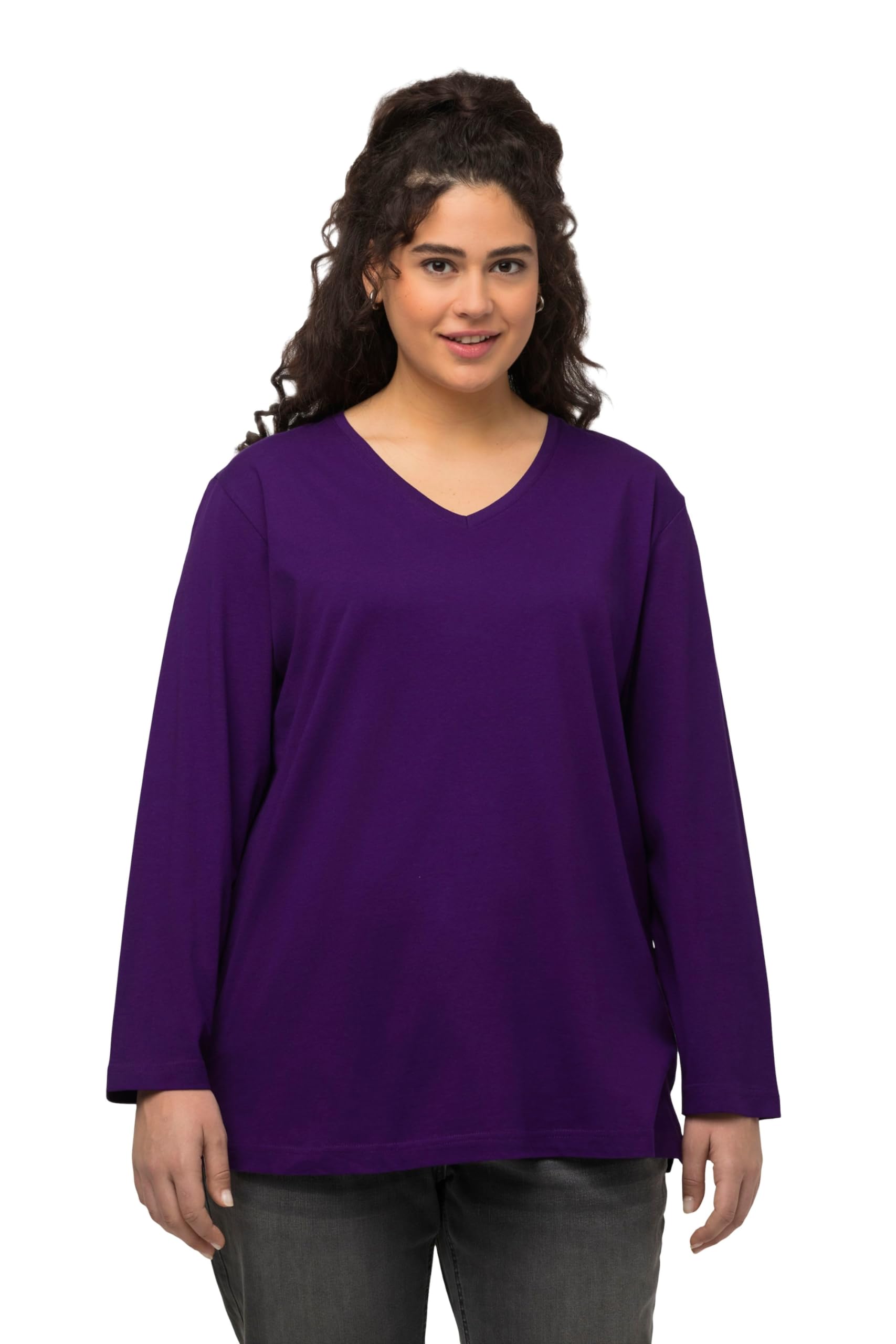 Ulla Popken Women's Deep Purple Basic-V-Shirt, Langarm Long Sleeve Top,