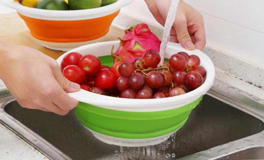 Collapsible Colander (Strainer) - Folding Strainer Size 8" - 2 Quart Green and White/Great for draining and rinsing Veggies/Fruits