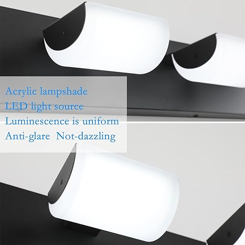 Miniatura 6 de Ralbay Luces negras para tocador de baño, 3 luces, color negro mate, modernas, acrílicas, para pared de baño, sobre espejo (luz blanca, 6000 K)