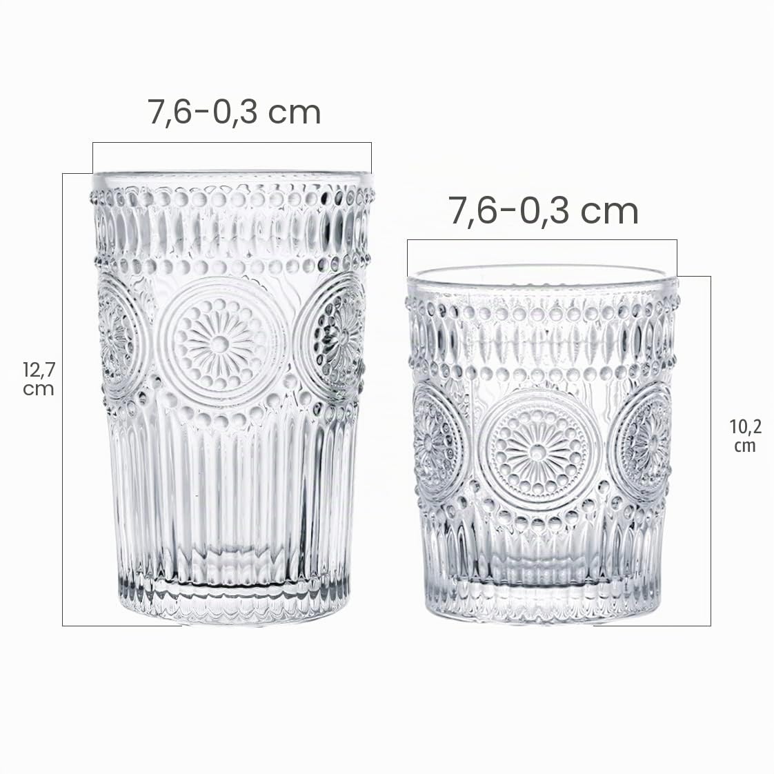 Kingrol Paquete de 8 Vasos Románticos, 4 Vasos Highball (350ml) y 4 Vasos Rocks (250ml), Juego de Vasos de Vidrio para Agua, Bebidas, Cerveza, Cócteles