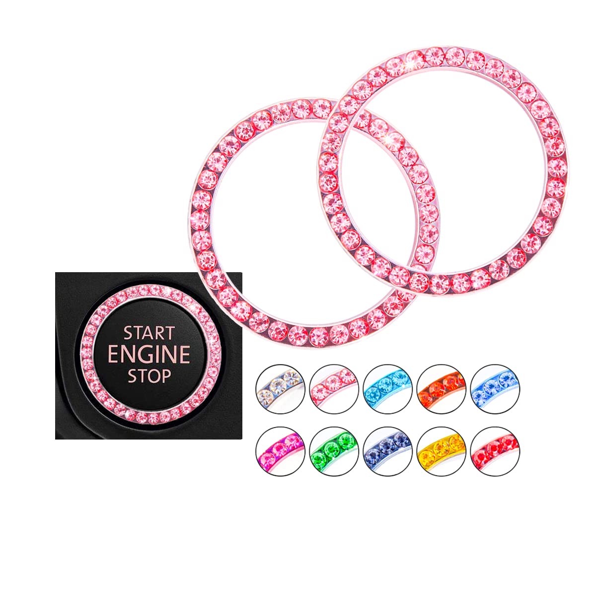 Unique Engine Start Button Bling Ring Cover,Key Ignition Starter & Knob Ring Crystal Rhinestone Cover, Push Start Button Cover Diamond Decor, Car Emblem Badge Sticker Women 2Pcs (Pink)