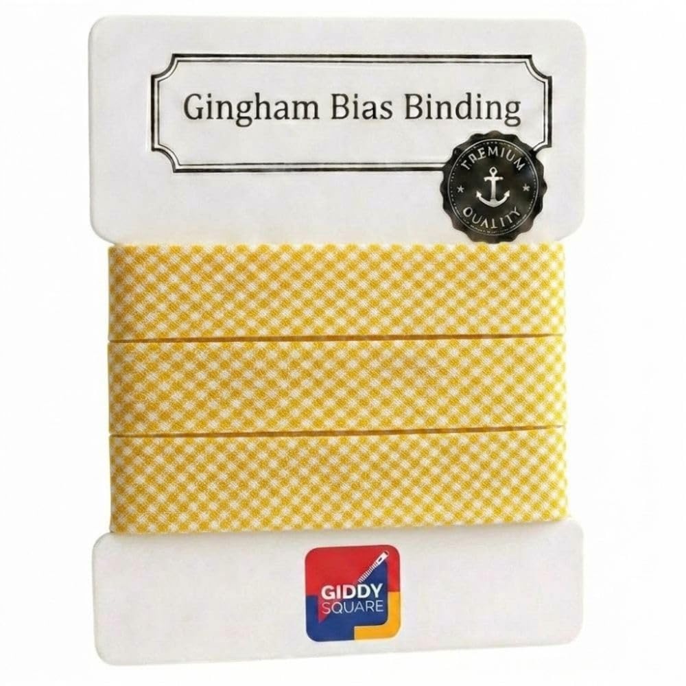 Premium Yarn Dyed Polycotton Gingham Bias Binding Tape 30mm Yellow Small Gingham 3m - Strong Smooth Hardwearing Woven Check Trim for Quilting, Bunting & Edging - Machine Washable - Giddy Square