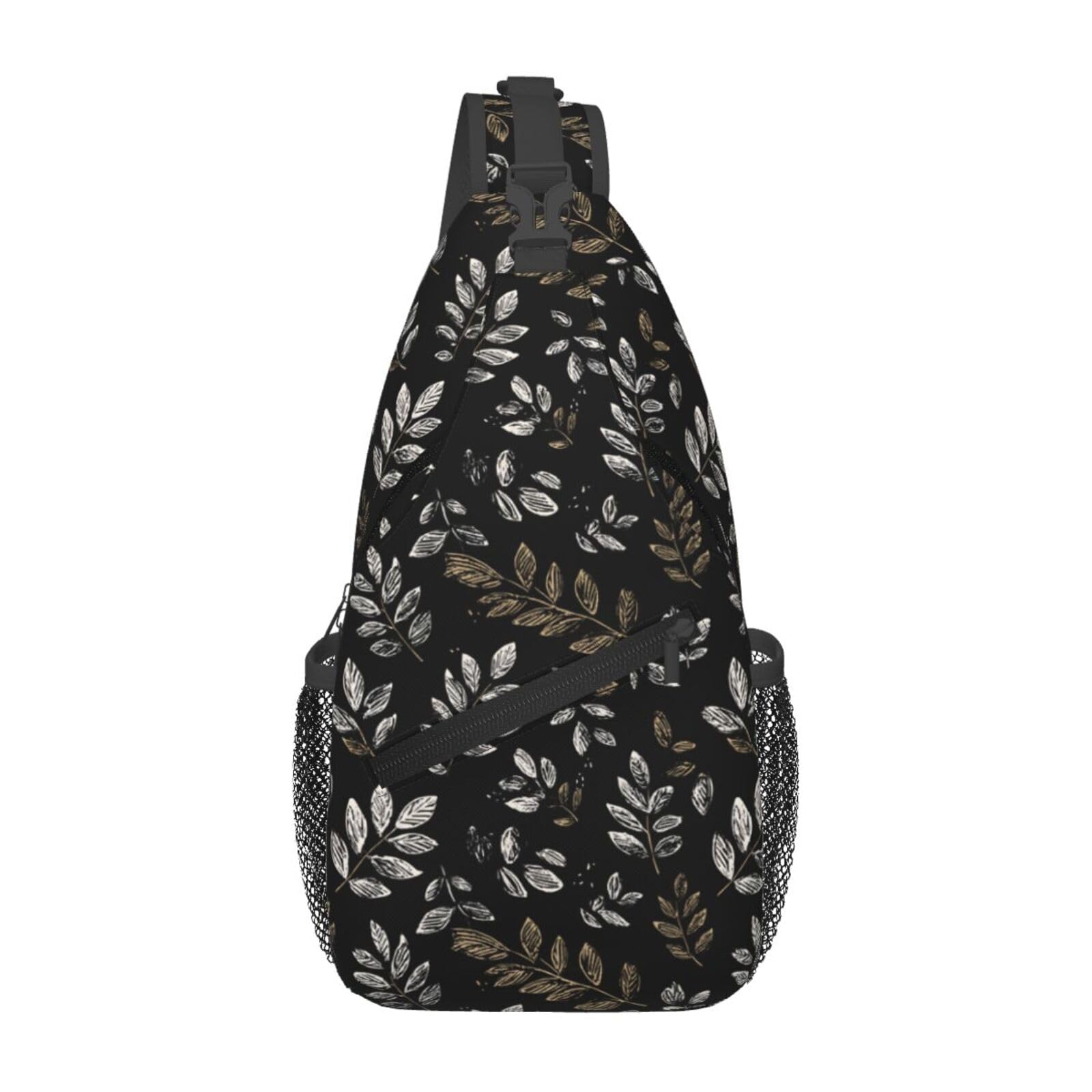 SUPLUCHOM Sling Bag Boho Black Leaf Pattern Hiking Daypack Crossbody Shoulder Backpack Travel Chest Pack for Men Women
