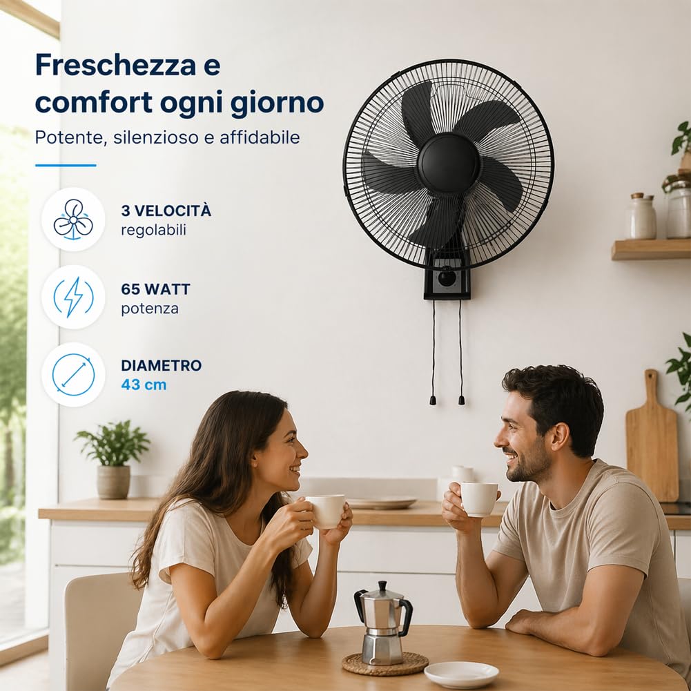 BAKAJI Wandventilator mit Gitter von 43 cm, 3 wählbare Geschwindigkeitsstufen, 5 Flügel, 65 Watt Leistung mit automatischer seitlicher Oszillation, schwarz