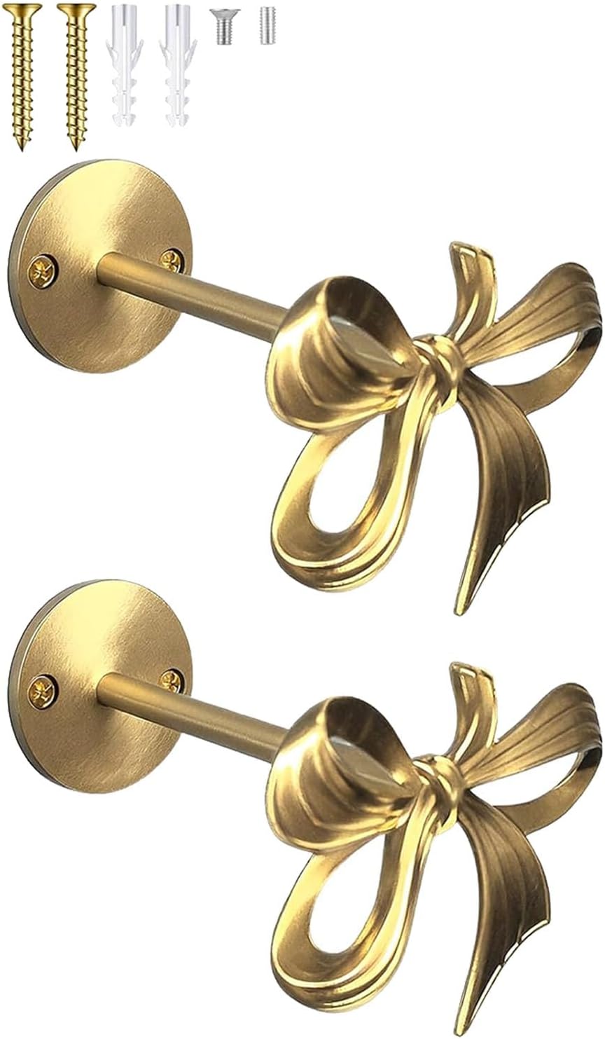 Pack of 2pcs Elegant Brass Wall Mounted Curtain Brackets Gold Bowknot Design Modern Hook with Screws for Home Space Saving