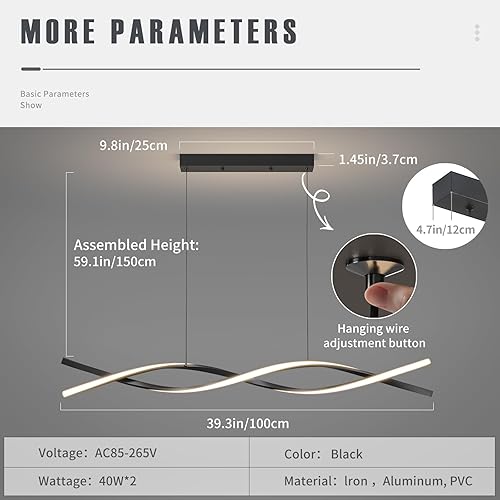 Miniatura 4 de Mikeru Modernas luces colgantes isla de cocina, 39.3 pulgadas de forma de onda negra candelabros 50w regulable 3000 K  6500 k con control remoto