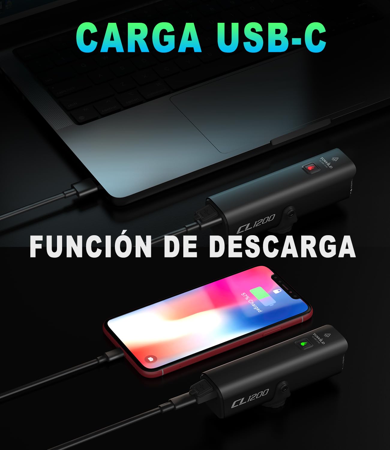 towild Luz De Bicicleta 1200 Lúmenes Linterna Frontal De Bicicleta Recargable por USB De 5000 mAh, IPX6 Impermeable Linterna de para Ciclismo Carretera Montaña MTB