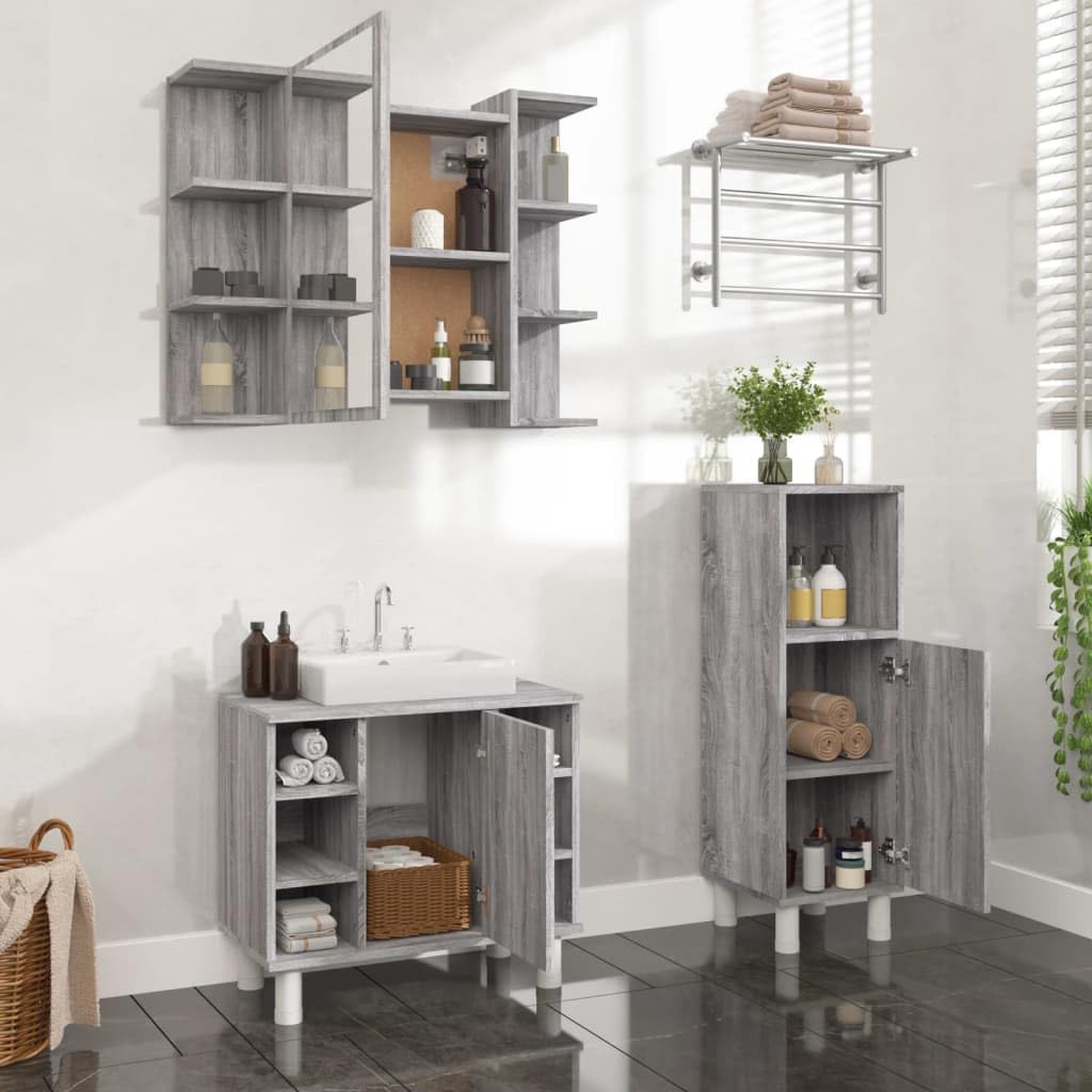 Gecheer Set Mobili da Bagno 3 pz Grigio Sonoma in Legno Multistrato-2221TT9
