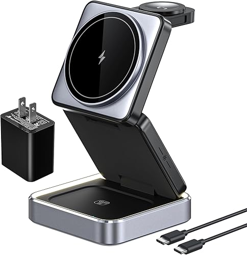Cargador inalámbrico 3 en 1 para iPhone y Apple Watch, estación de carga inalámbrica plegable con luz nocturna para cargador magnético de viaje