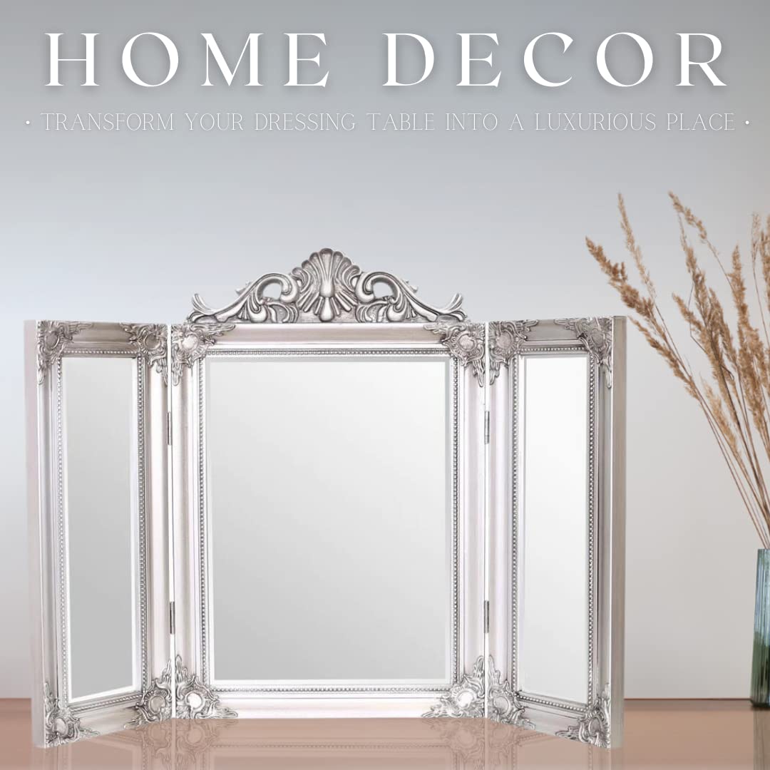 HomeZone Espejo de tocador dorado de pie, triple plegable, de cristal ornamentado, para baño, dormitorio, tocador