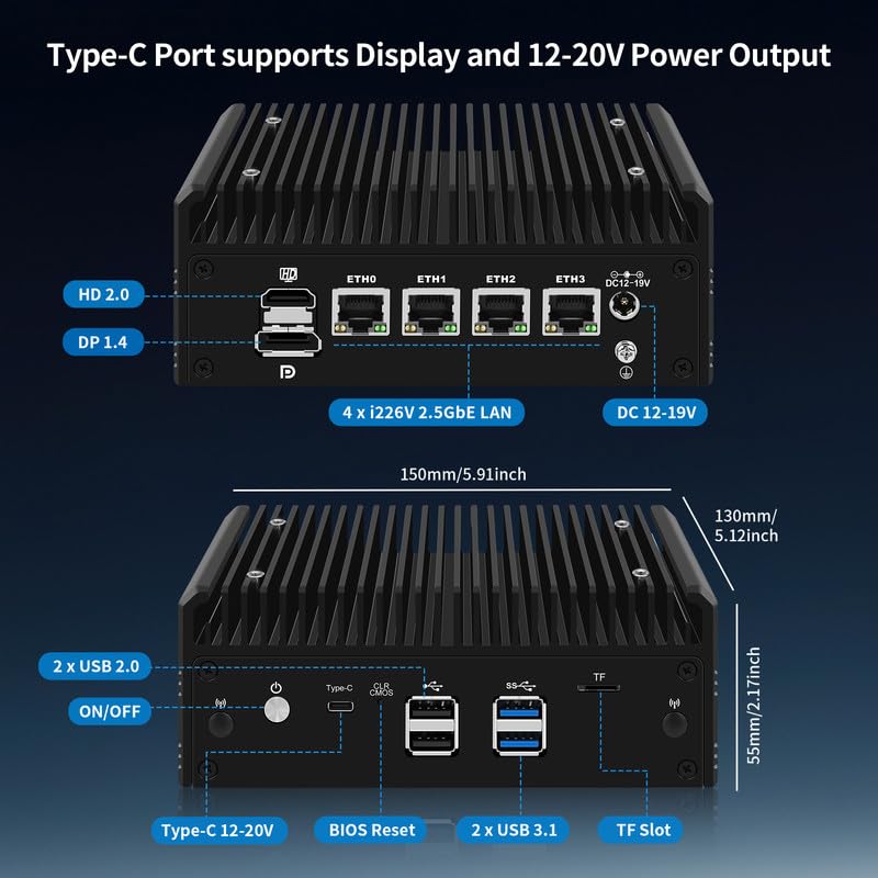 Mini PC senza ventola Ryzen 5 5500U, 4 x i226V 2.5GbE LAN Micro Firewall Appliance OPNsense Router, Barebone No RAM No SSD, AES-NI, 2 x DDR4, 2 x slot NVMe, 3 display, Type-C Support 12-20V