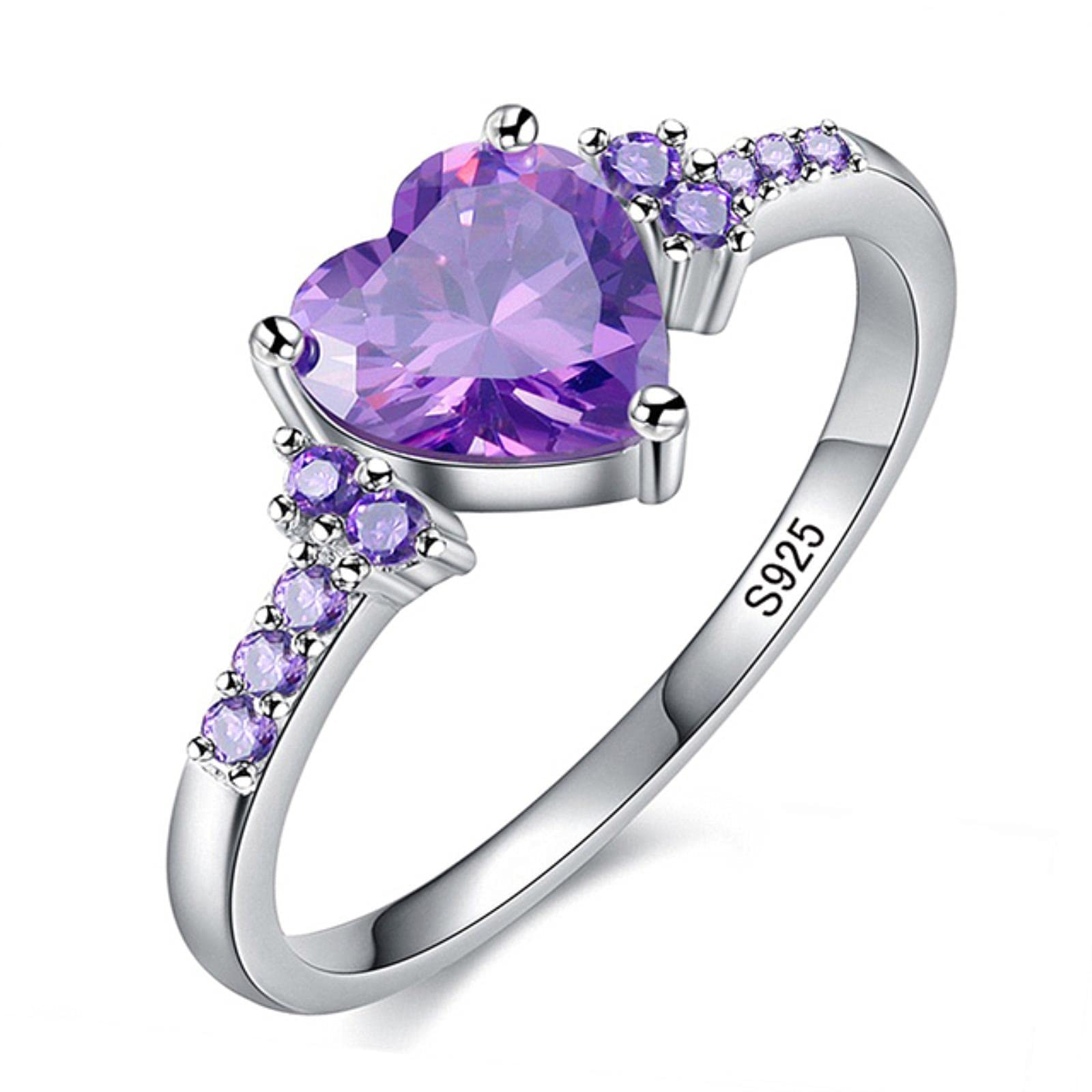 Fashion Ring Silver Jewelry Heart Shape Amethyst Gemstone Rings for Female Wedding Promise Party Ornament Gift