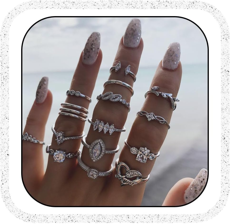 Vintage Gemstone Ring Sets Silver Crystal Knuckle Stacking Rings Boho Flower Moon Mid Rings Jewelry for Women(15pcs)