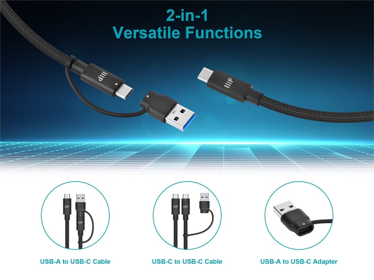 Monoprice Cavo USB 4 2 in 1 da 20 Gbps, 240 W, EPR 4K60 Hz, intrecciato ad alta velocità, certificato USB-IF, 91 cm, nero, confezione da 2