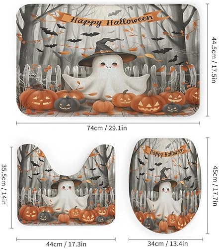 Miniatura 5 de Juego de cortinas de ducha de Halloween, lindo fantasma, calabaza, murciélago, cortina de ducha para decoración de baño, cortina de ducha, alfombra