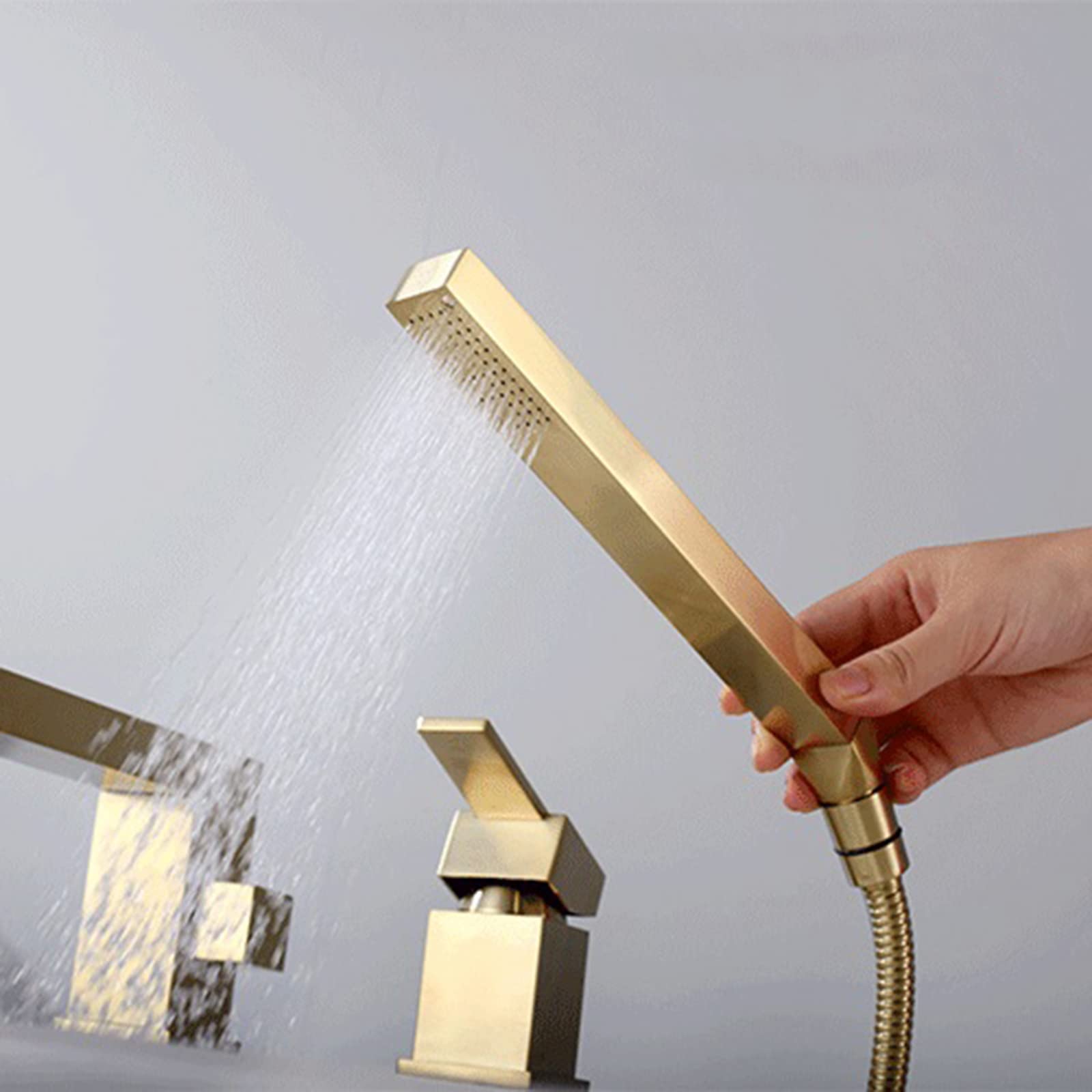 Grifo Mezclador de Ducha de baño de 3 Orificios con Ducha de Mano, Cabezal de Ducha y Juego de Manguera para grifos de baño, Oro Cepillado