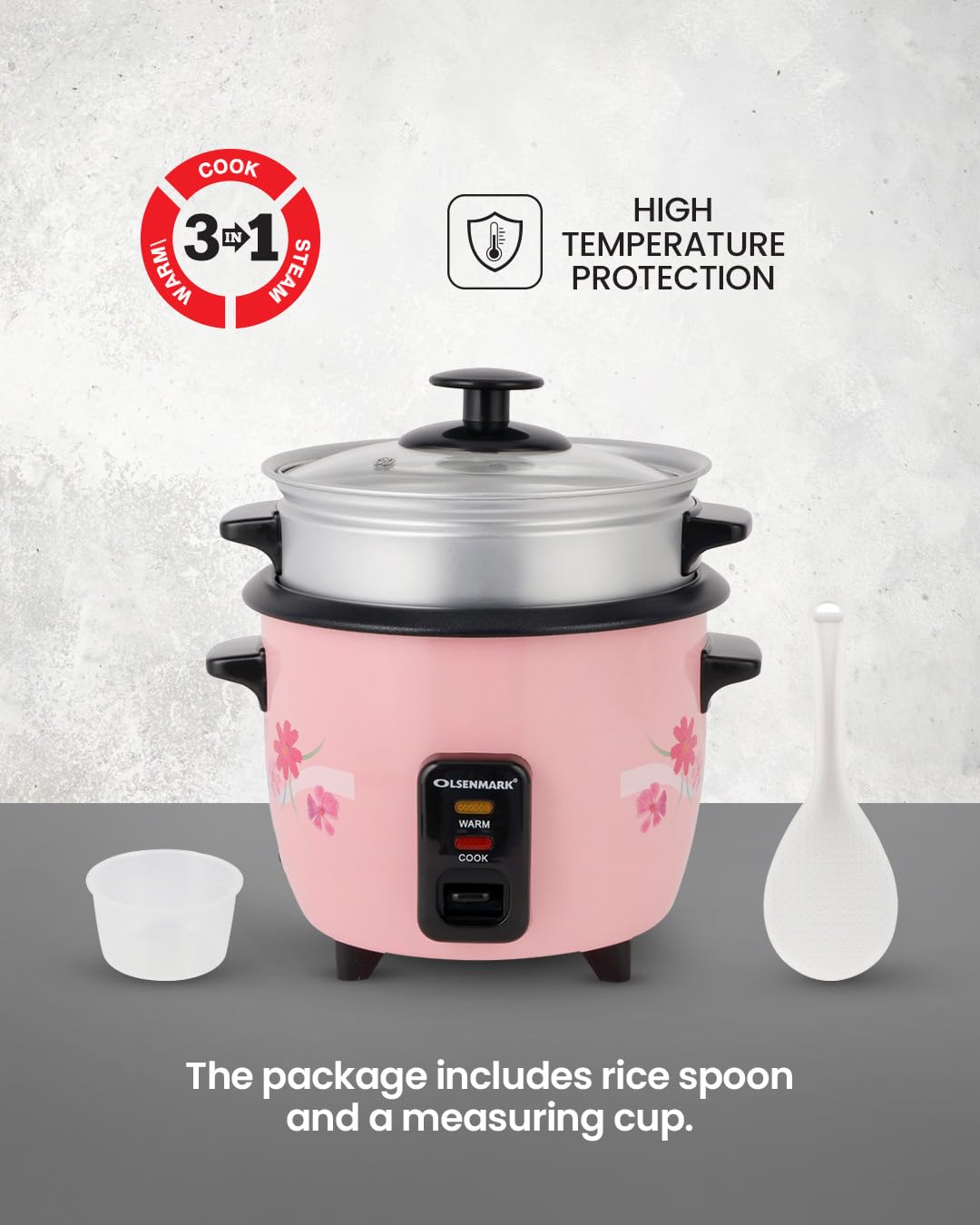 Olsenmark Rice Cooker, 0.6L | 3 In 1