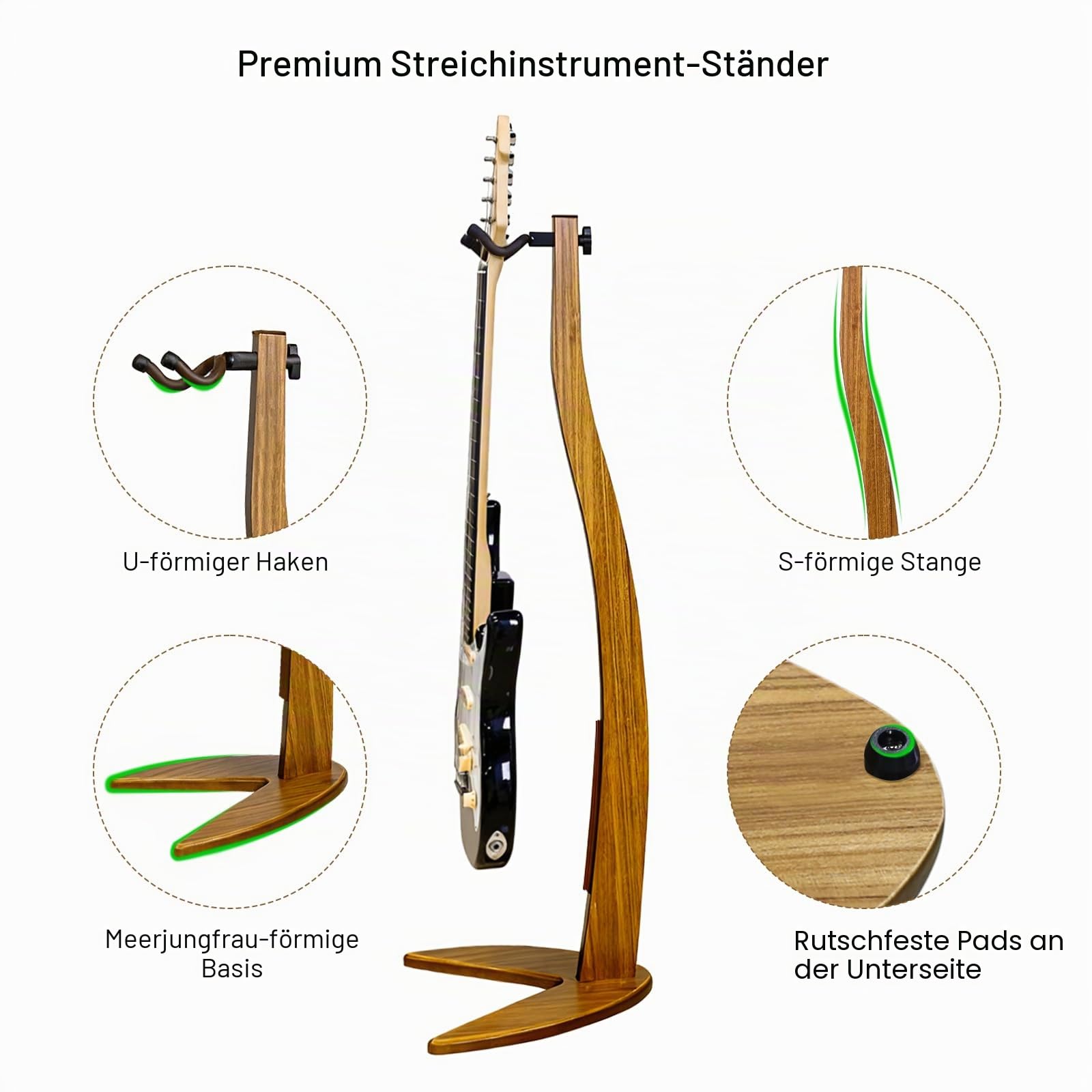 MUSO Gitarren-Bass-Aufhänger aus Massivholz, Bogenhalter in Meerjungfrau-Form zur Präsentation und Aufbewahrung, 106,7 cm Höhe, kratzfest und stoßfest, deorate Studios, Wohnzimmer und Bühne (schwarze