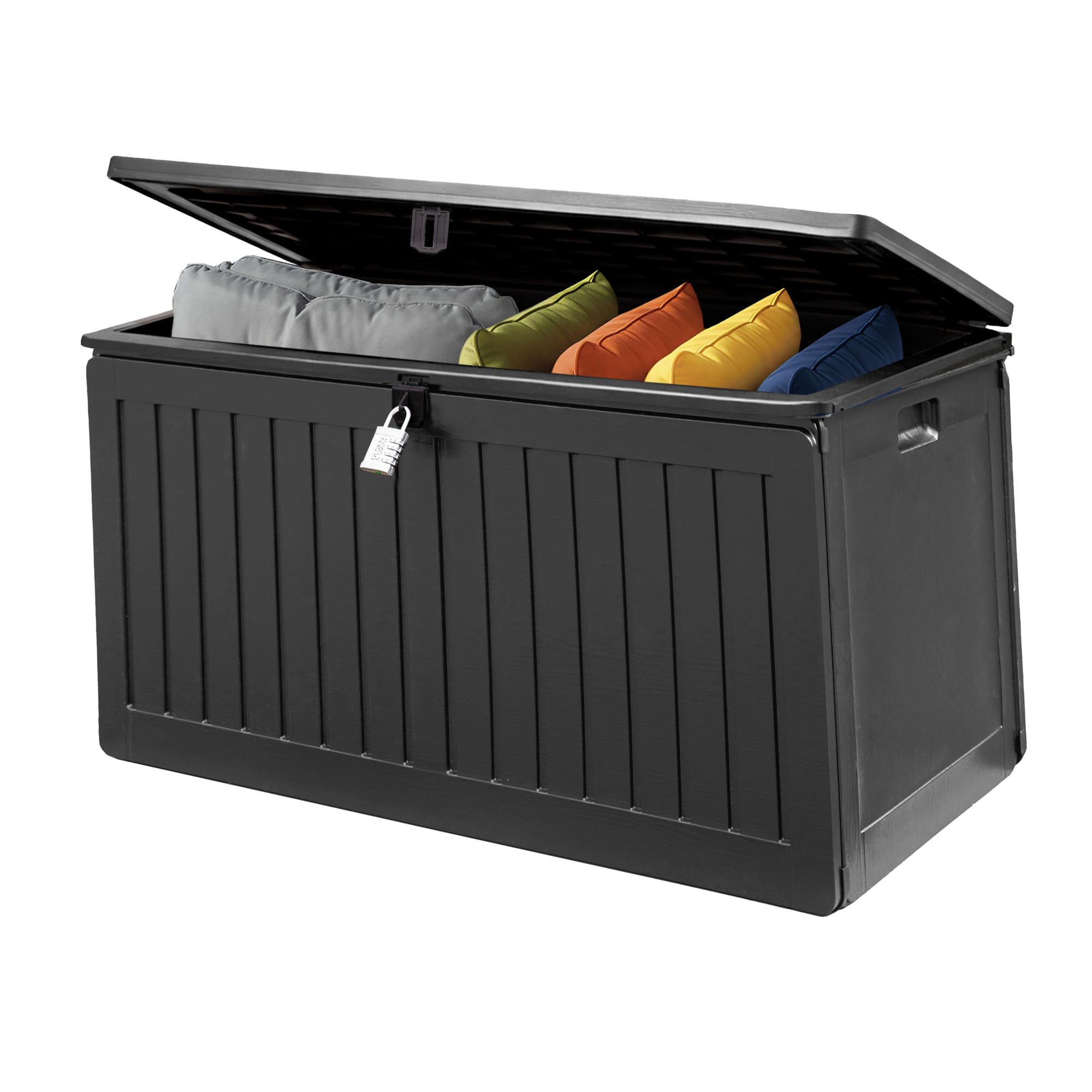 Olsen & Smith Garden Storage Box 270L Small Outdoor Plastic Bench Seat, Lockable (Includes Padlock) Waterproof Outside Patio & Garage Chest Deck Boxes for Shoes, Boots, Cushions, Parcels, Toys & Tools โ image 1