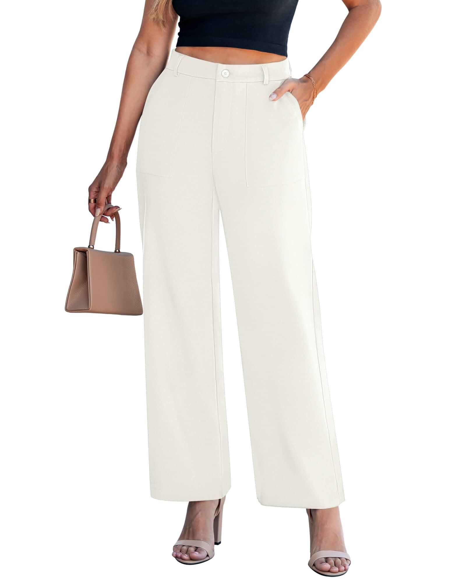 GRAPENT Wide Leg Dress Pants Women Business Casual High Waisted Elastic Waist Stretchy Work Trousers Pants with Pockets Regular